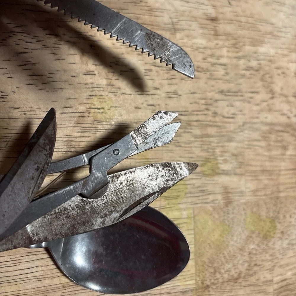 Vintage Japan Hobo 11 Piece Multi-Tool Folding Knife Spoon Fork Brown Wood
